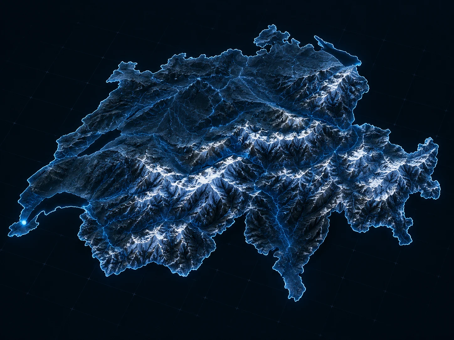 Illustrated relief map of Switzerland with a point marking the Geneva region